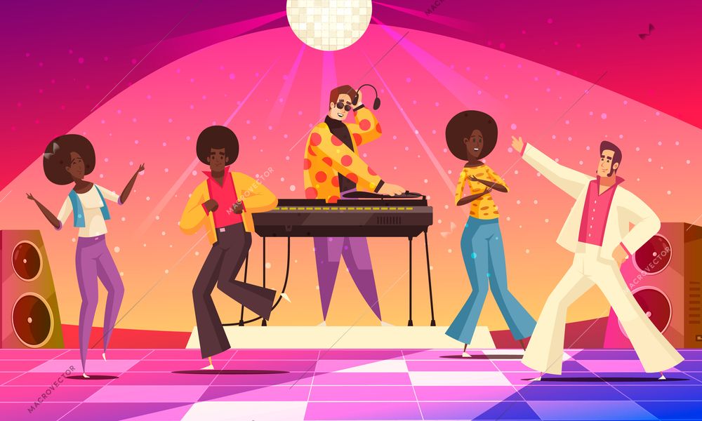 Retro disco party fun background with people dancing flat vector illustration