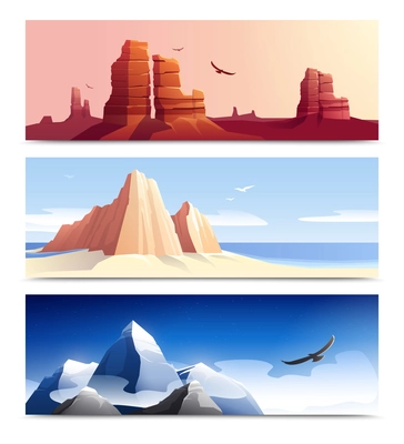 Set of three horizontal mountains rocks landscapes banners with colourful terrain and daylight sky with birds vector illustration