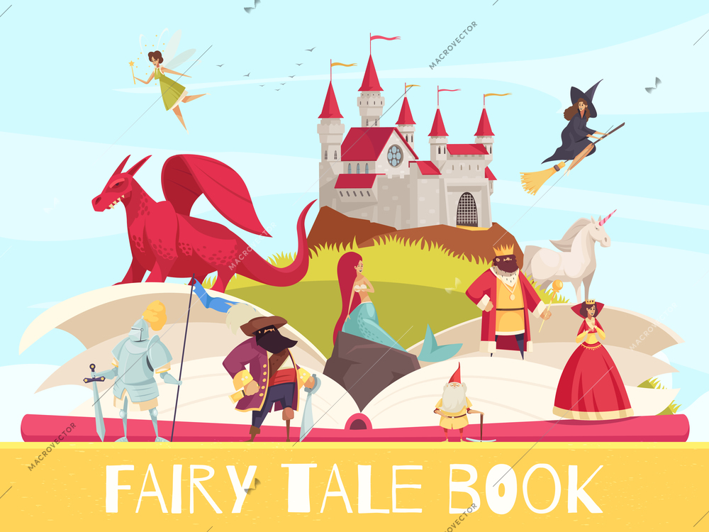 Fairy tale book background with dragon castle and mermaid flat vector illustration