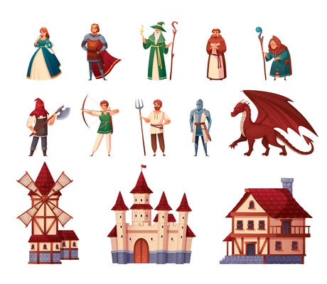 Medieval characters cartoon set with castle and mill isolated vector illustration