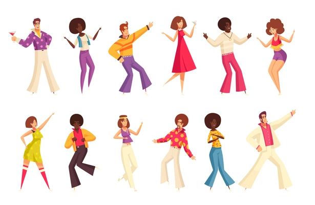 Retro disco party set with dancing and fun symbols flat isolated vector illustration