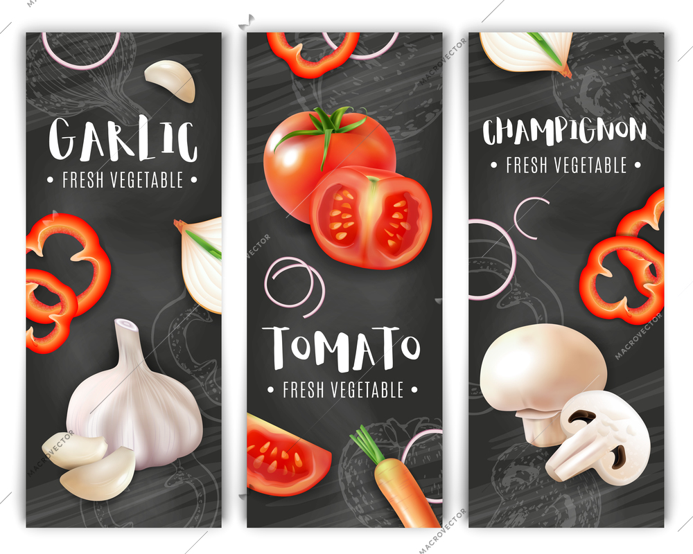 Realistic vegetables vertical banners set with chalkboard silhouettes and images of garlic mushrooms and tomato slices vector illustration