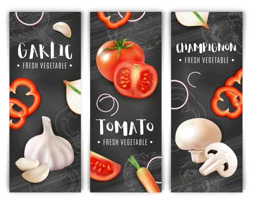 Realistic vegetables vertical banners set with chalkboard silhouettes and images of garlic mushrooms and tomato slices vector illustration