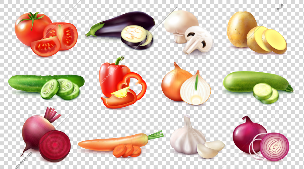 Set with different kinds of vegetables realistic images on transparent background with whole fruits and slices vector illustration