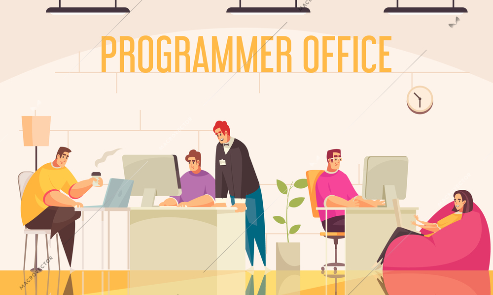 Programmer office background with working day symbols flat vector illustration