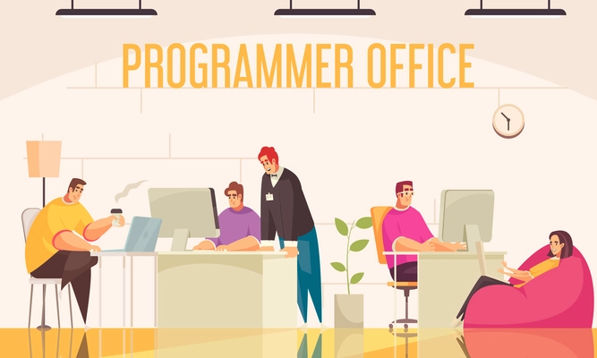 Programmer office background with working day symbols flat vector illustration