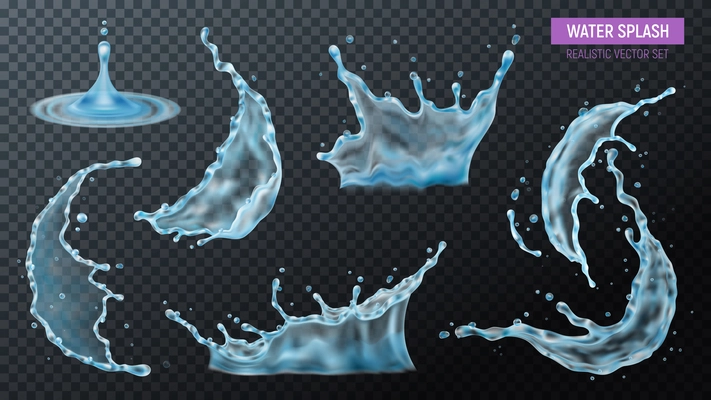 Realistic water splash set on transparent background with liquid flow drops colourful images and text vector illustration