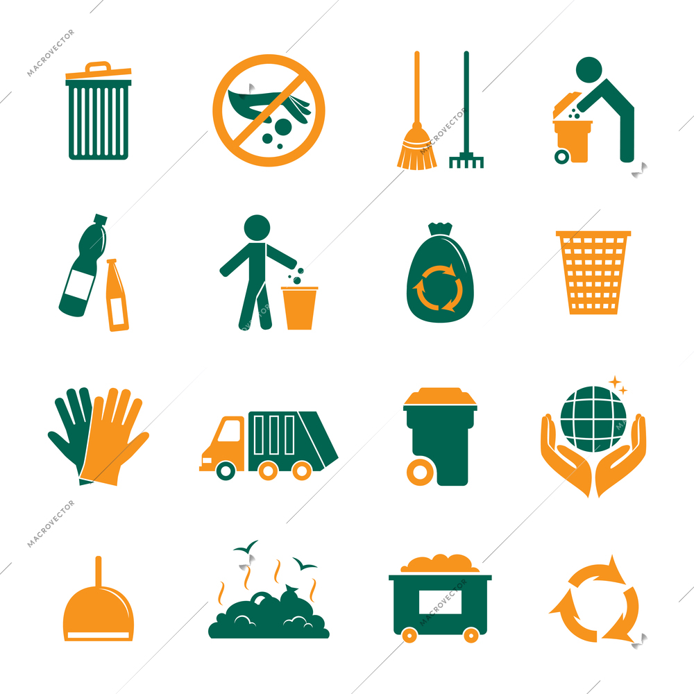 Garbage trash cleaning recycling environmental symbols icons set isolated vector illustration