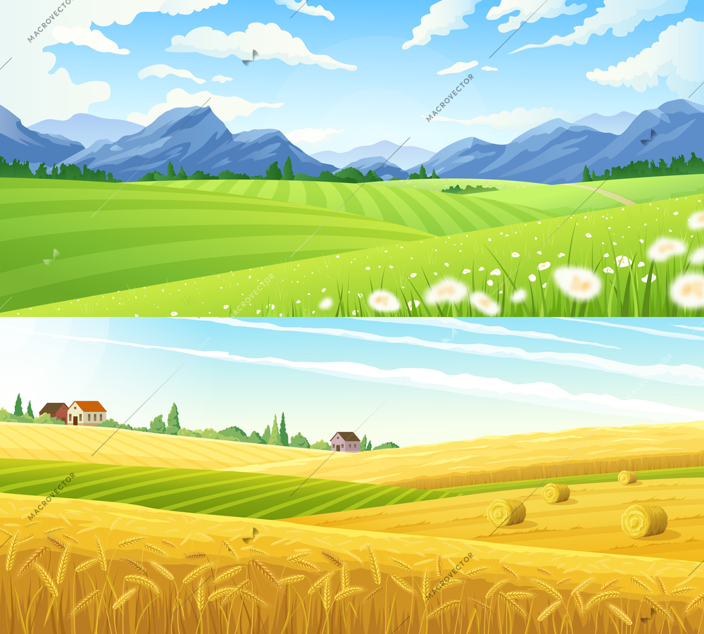 Farm scene summer rural landscape set of two horizontal banners with panoramic scenery of wheat lands vector illustration