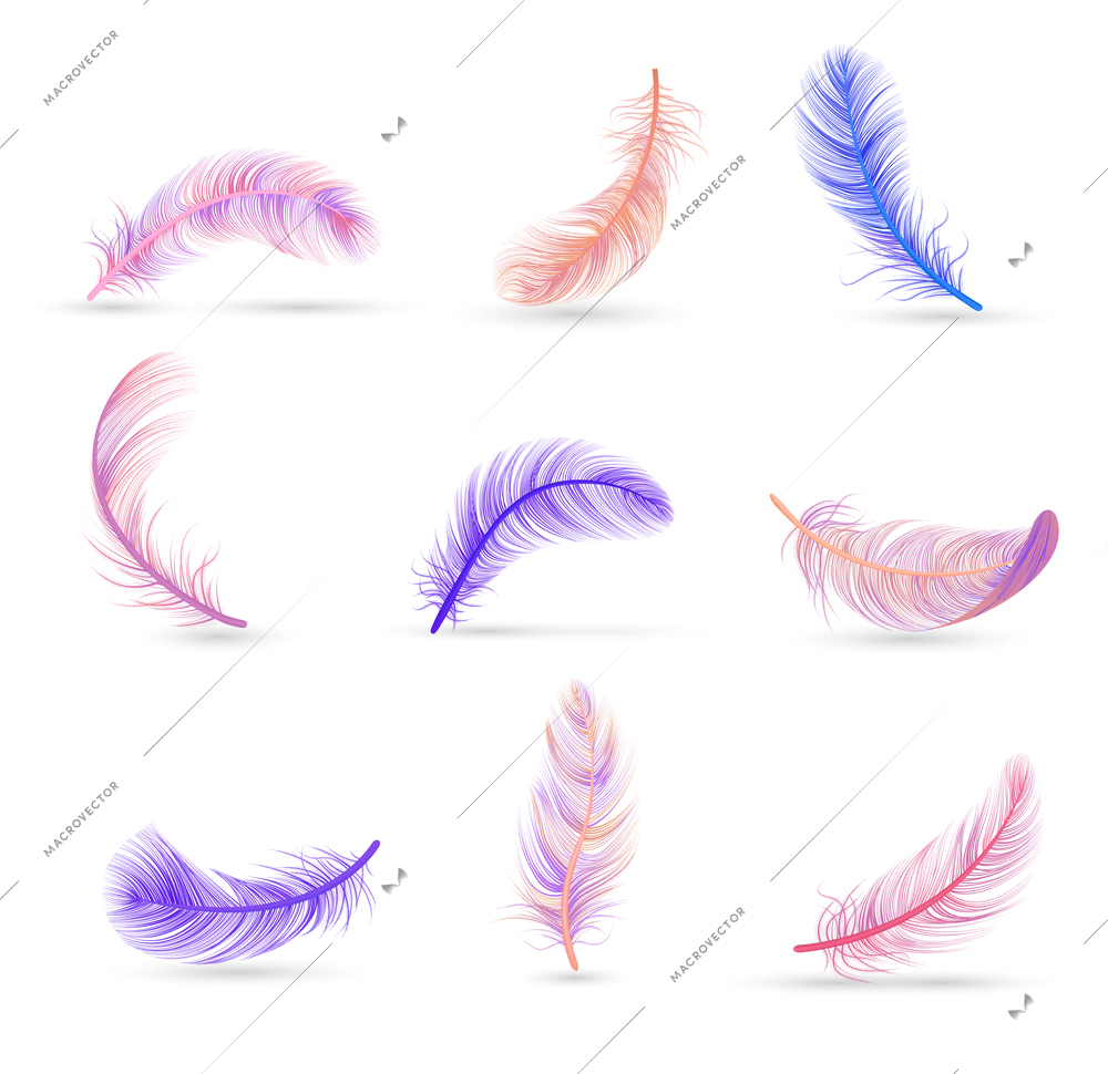 Realistic feather white background composition with soft violet and pink isolated feathers vector illustration