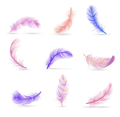 Realistic feather white background composition with soft violet and pink isolated feathers vector illustration