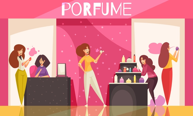 Expo show stand background with perfume promotion symbols flat vector illustration