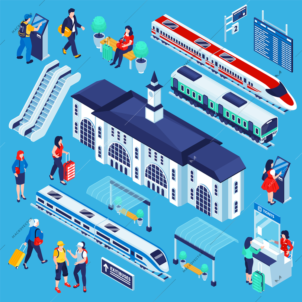 Isometric railway station set of isolated railroad complex constructor elements with trains buildings and human characters vector illustration