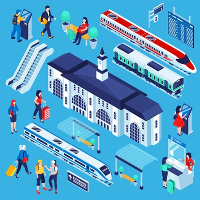 Isometric railway station set of isolated railroad complex constructor elements with trains buildings and human characters vector illustration