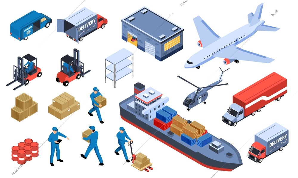 Logistic transportation isometric set of delivery trucks ships and airplanes isolated icons vector illustration