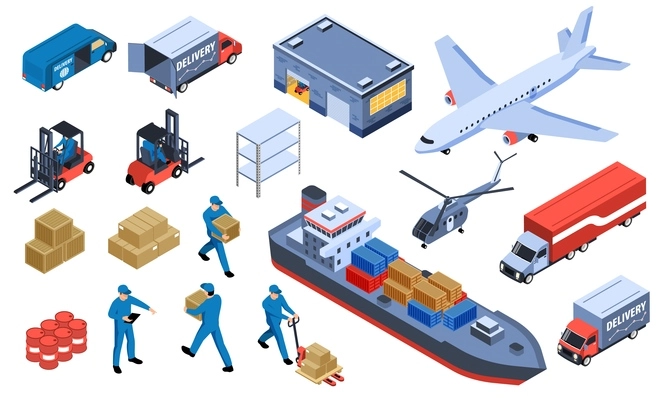 Logistic transportation isometric set of delivery trucks ships and airplanes isolated icons vector illustration