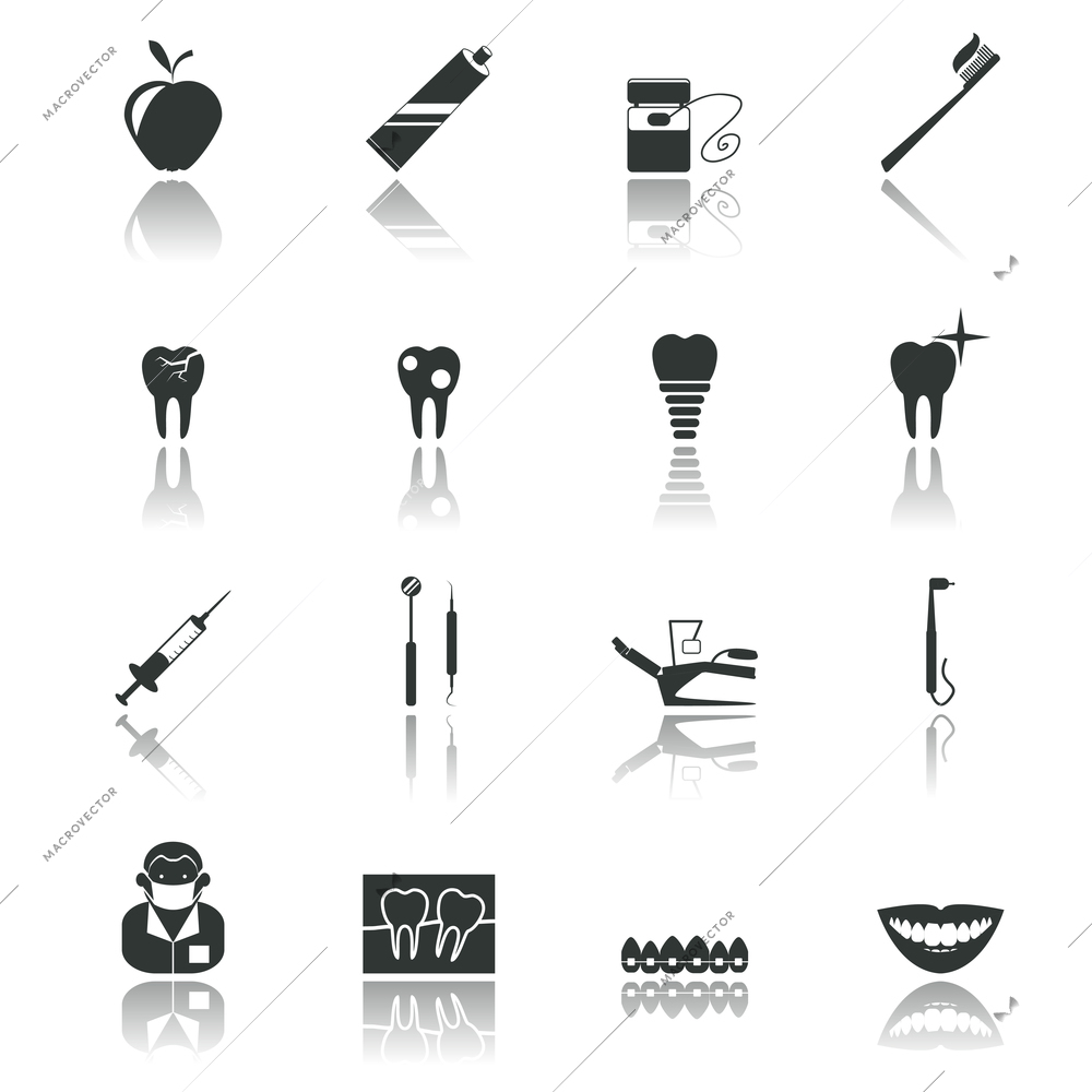 Dental health and caries teeth healthcare instruments dent protection black icons set isolated vector illustration