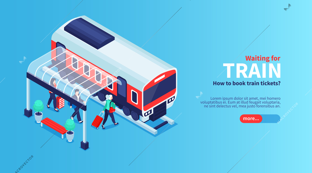 Isometric railway station horizontal banner with shelter shed passengers and suburban train car with more button vector illustration