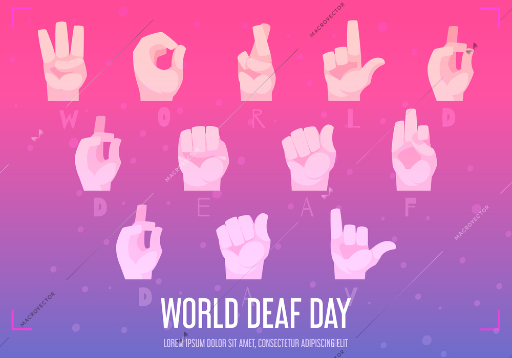 World deaf day poster with hand alphabet symbols flat  vector illustration