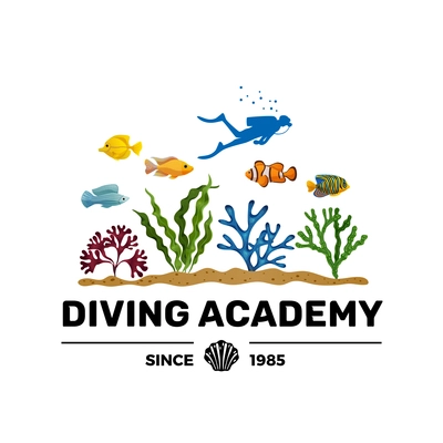 Diving academy courses training booklet advertising lettering with scuba diver silhouette colorful seaweeds and fish vector illustration