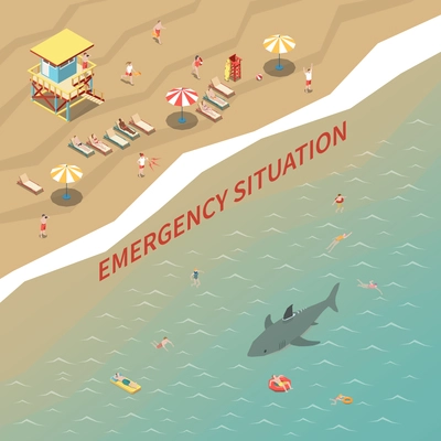 Beach lifeguards with loudspeakers warning people about shark 3d isometric vector illustration