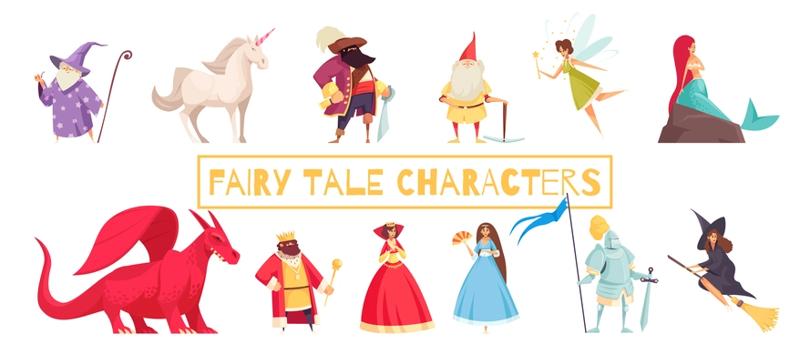 Fairy tale characters set with unicorn and wizard flat isolated vector illustration