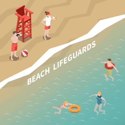 Beach lifeguards watching people swimming 3d isometric vector illustration