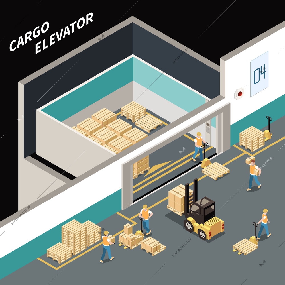 Isometric composition with workers loading cargo into big elevator 3d vector illustration