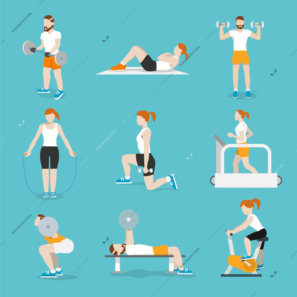 People training exercise bikes and cardio fitness treadmills with bench press icons collection flat isolated vector illustration