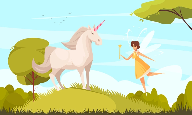Fairy tale background with unicorn and flying fairy flat vector illustration
