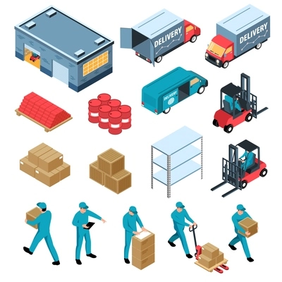 Logistic isometric set of warehouse delivery cargo transportation forklift racks and boxes isolated icons vector illustration