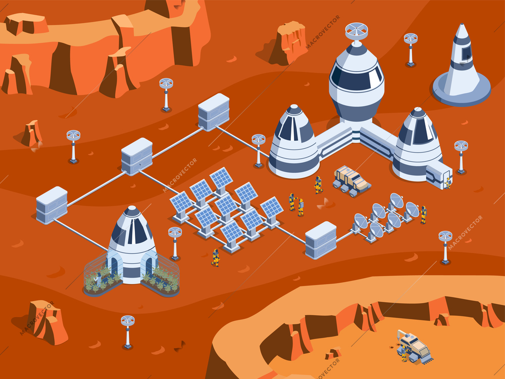 Colored isometric mars colonization illustration with science equipment robots rovers and cosmonauts vector illustration
