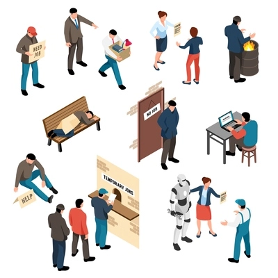 Jobless isometric set of beggars needy tramps fired characters and workers looking for temporary work isolated vector illustration