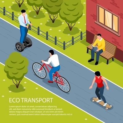 Eco transport isometric city background with young people riding on longboard gyro and bicycle vector illustration