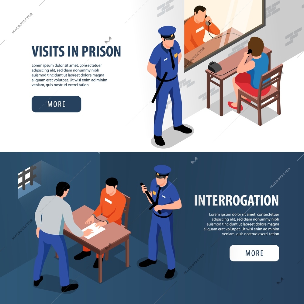 Prison two isometric banners with visitor and prisoner in visiting Room and detective and offender in handcuffs in interrogation room vector illustration