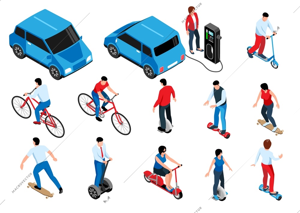 Eco transport isometric set of people on bike eco scooter segway gyro skateboard longboard isolated vector illustration