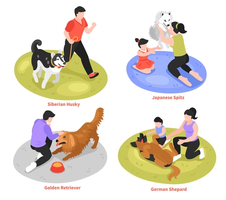 Isometric one day dog owner design concept with different dog breeds and human characters of masters vector illustration