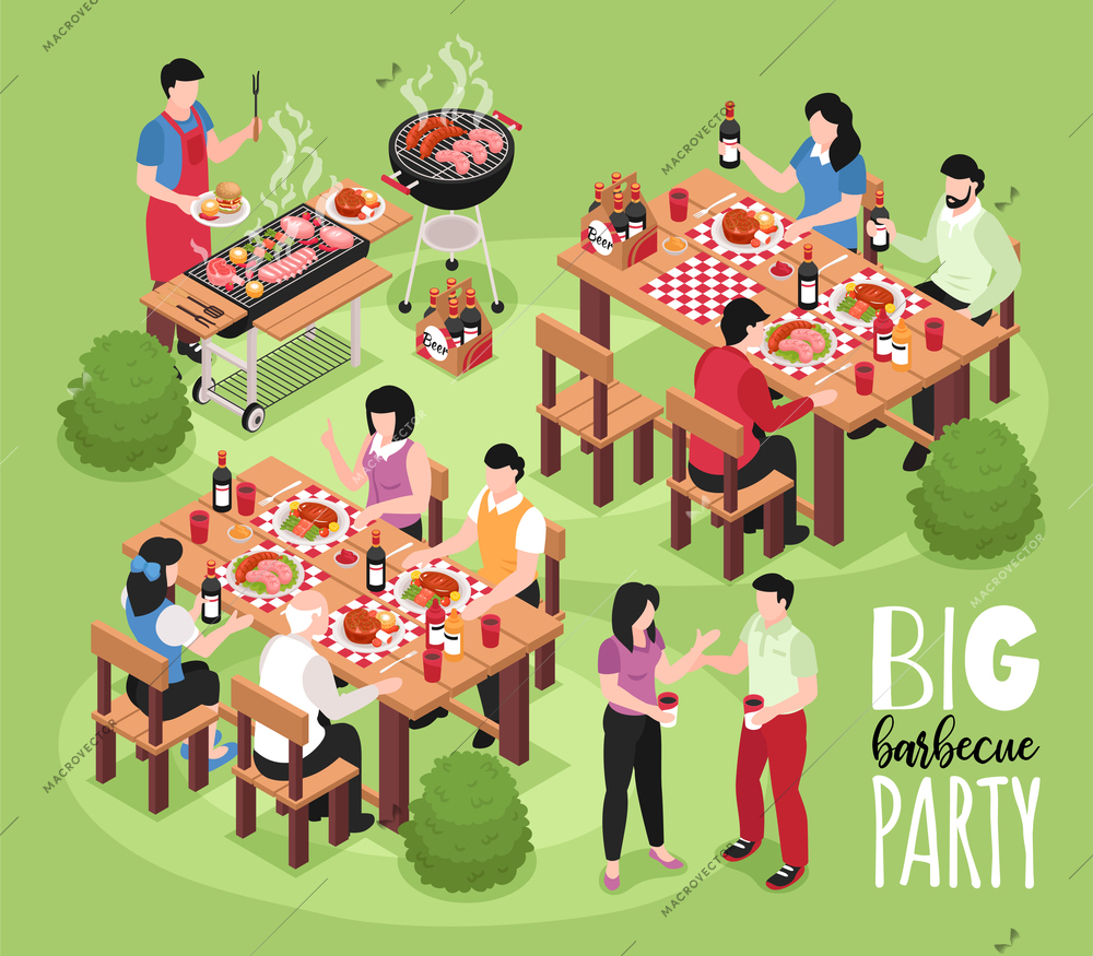 Isometric bbq barbecue composition with view of outdoor party with human characters tables seats and grill vector illustration