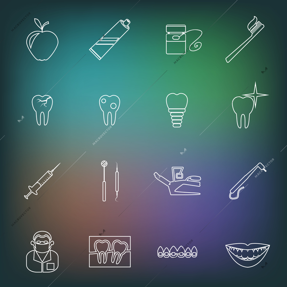 Dental health and caries teeth medical instruments  outline icons set isolated vector illustration