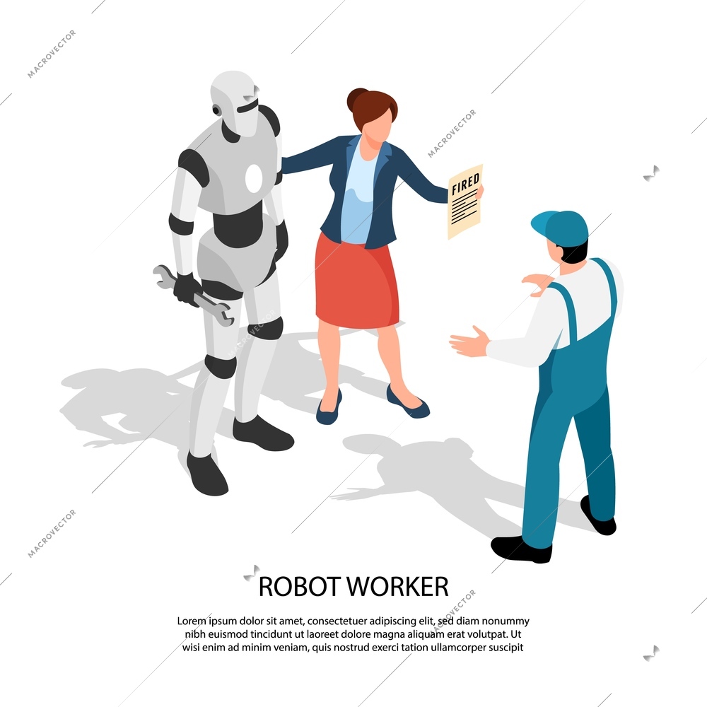 Robot worker isometric composition with female manager standing near android and showing sign to dismissed worker vector illustration