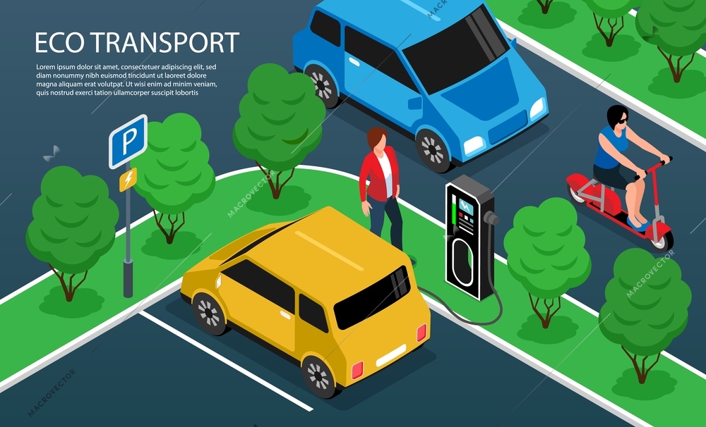 Isometric fragment of city constructor with eco transport on road and charging station horizontal vector illustration