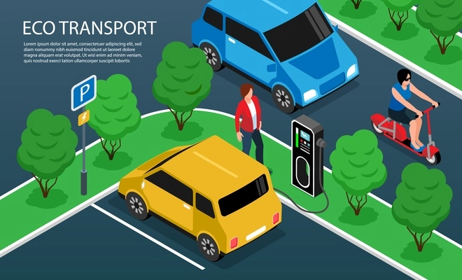 Isometric fragment of city constructor with eco transport on road and charging station horizontal vector illustration