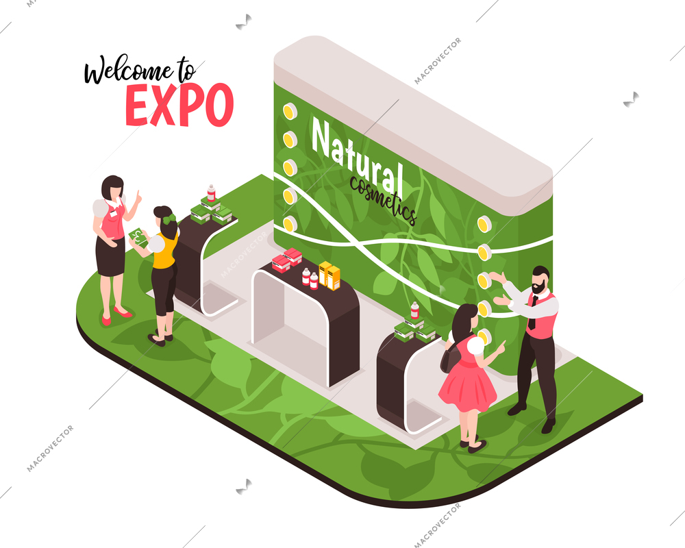 Isometric expo stand composition with people characters on exhibition booth and tables with natural cosmetic products vector illustration