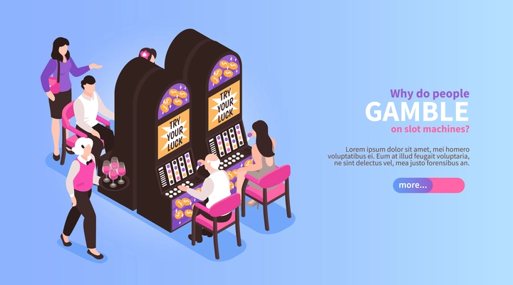 Isometric casino horizontal banner with editable text slider button and images of people at gambling machines vector illustration