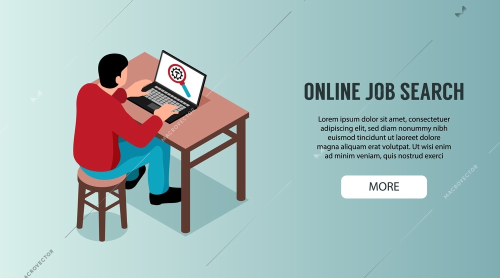 Online job search horizontal banner with male character sitting at desk and looking in laptop screen with search icon isometric vector illustration