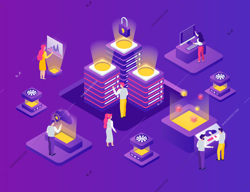 Data safe storage center isometric composition with online cloud access security lock symbol purple background vector illustration