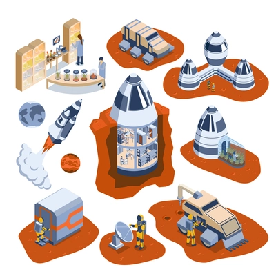 Isometric mars colonization icon set with astronaut on mars moonwalker rockets and other space elements vector illustration