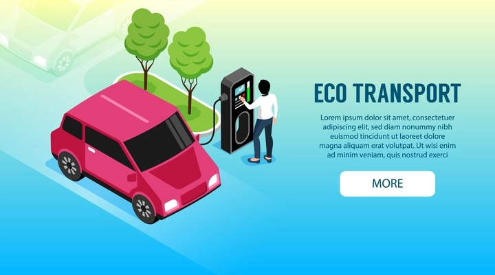 Eco transport horizontal banner with woman charging her electric car  at charger station isometric vector illustration