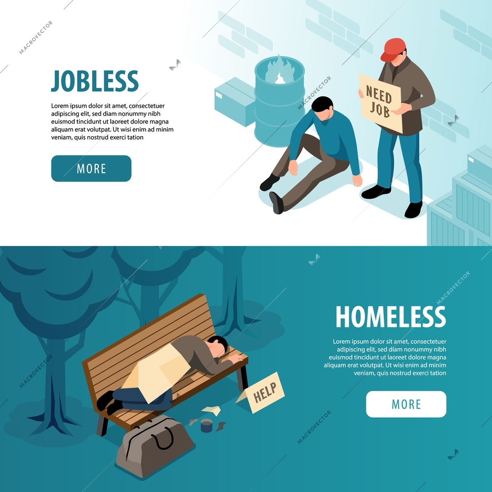 Jobless and homeless horizontal banners with  poor and hungry people need job and roof overhead isometric vector illustration