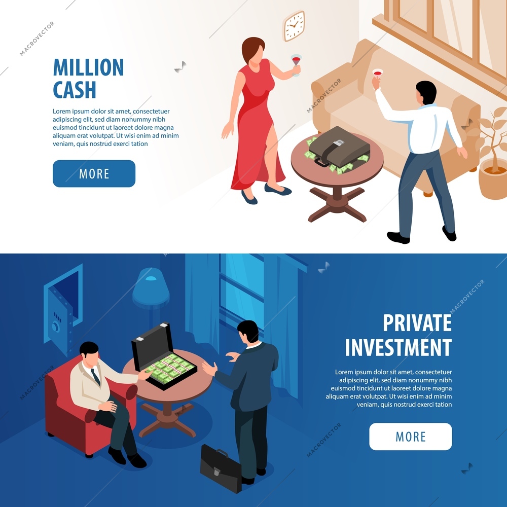 Rich people horizontal banners with million cash and private investment isometric compositions vector illustration